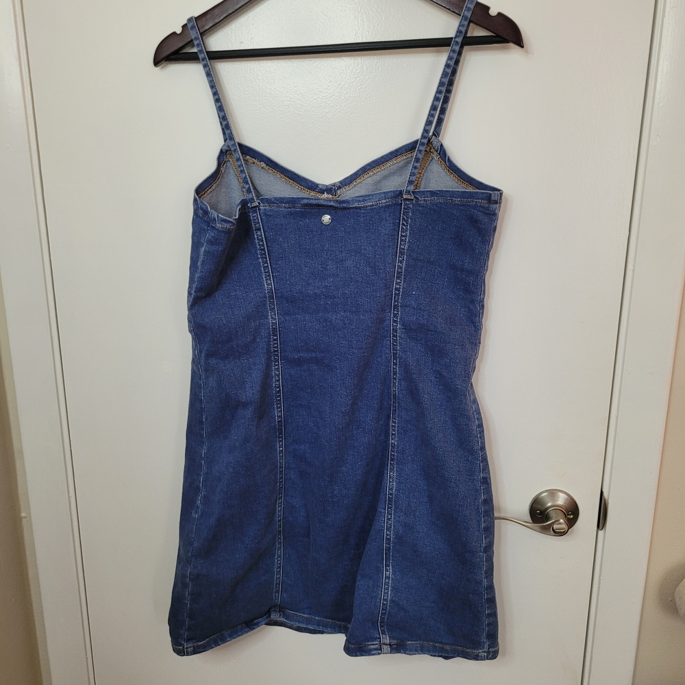 Roxy Stretch Denim Button Front Mini Jean Dress Beach Festival Boho Cottagecore - Picture 4 of 10